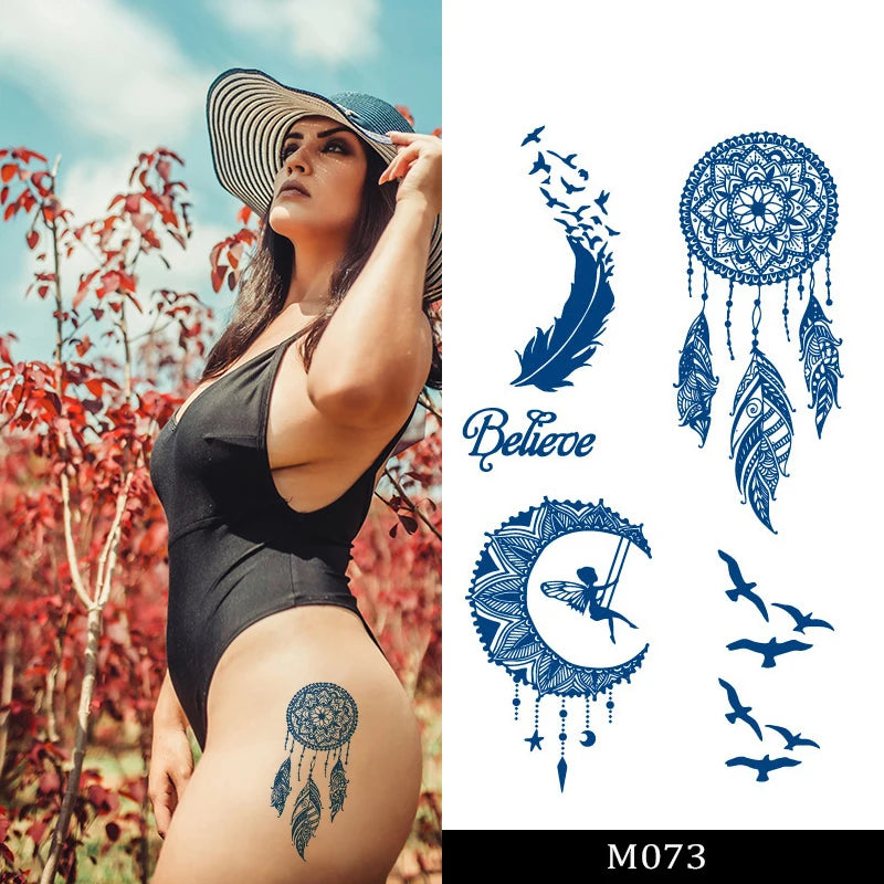 BXTAT Temporary Blue Genipa Juice Tattoos Dreamcatcher Cupid Crown Superman Bless Love Heart Couple GZ073to78