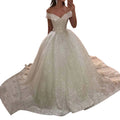13868# Sparkle Cap Sleeve Wedding Ball Gown Luxury V-Neck Off Shoulder Bridal Dresses Lace-Up Sweep Train gown for Women