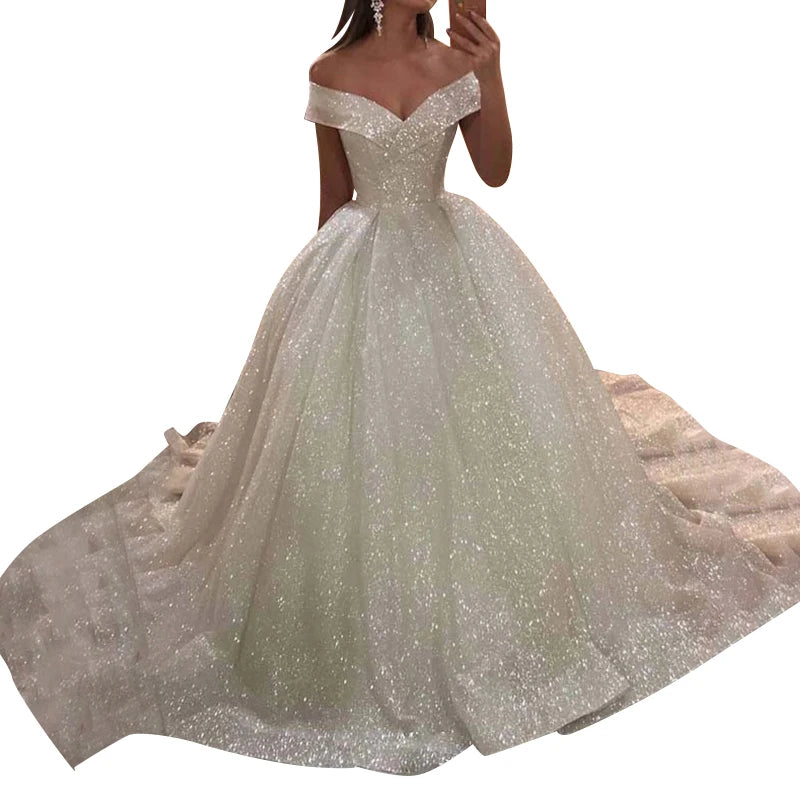 13868# Sparkle Cap Sleeve Wedding Ball Gown Luxury V-Neck Off Shoulder Bridal Dresses Lace-Up Sweep Train gown for Women