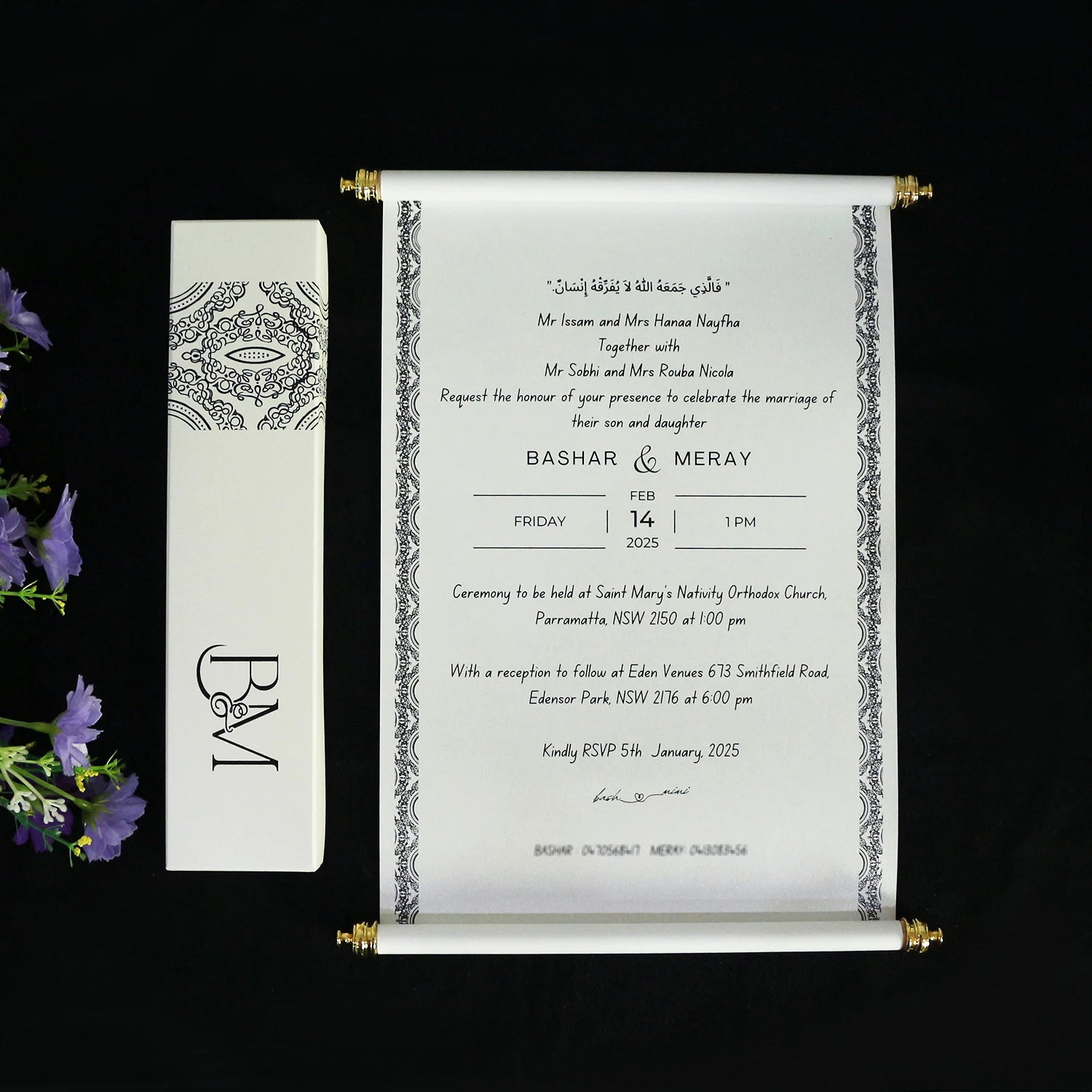 Custom Elegant Pearl Black Stamping Wooden Scroll Invitations with Box and Tassel for Wedding/Birthday Party
