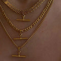 Women's Anti-Fade Stainless Steel Mesh Figaro Rope Chain Link Necklace 18K Gold Plated Horizontal 3D T-Bar Pendant for Parties