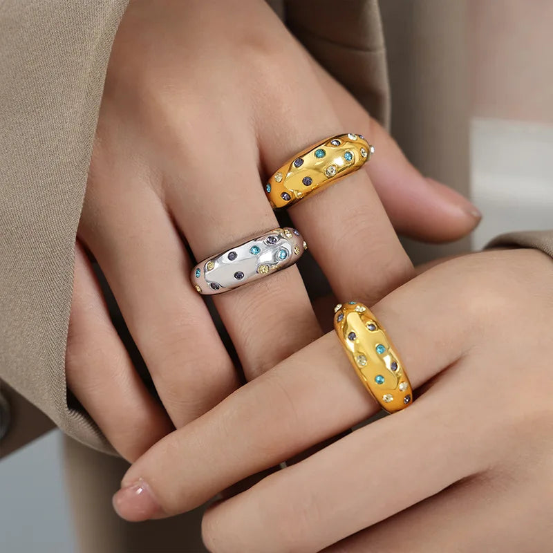 Customized Beautiful Light Luxury Open Colorful Czech Diamond Titanium Steel 18K Gold Personality Female Ring Cubic Zirconia