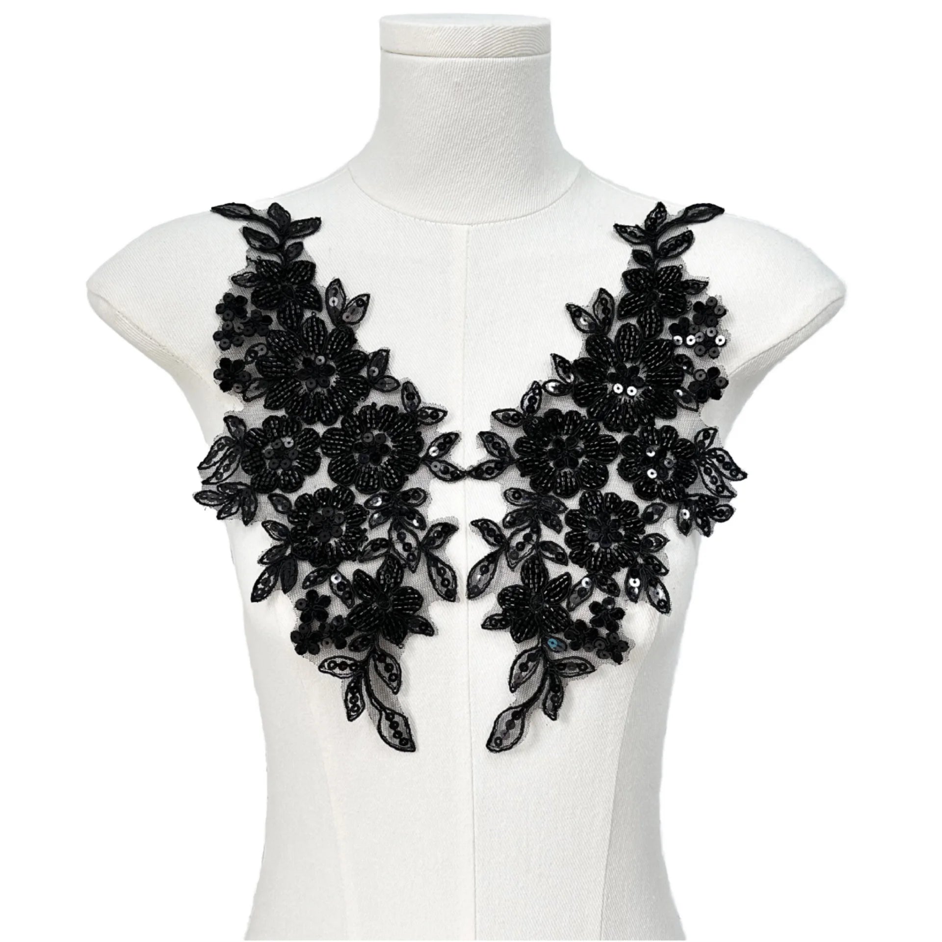 Black Beaded Sequin Handmade 3D Embroidered Flower Lace Patch Applique for Evening Dress Gown and DIY Decoration