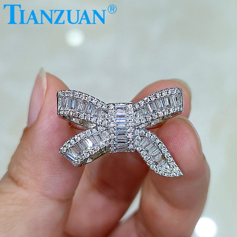 18*25mm Bowknot Sterling 925 Silver Hip Hop baguette Moissanite Ring Men Women Diamonds Male Fine Jewelry