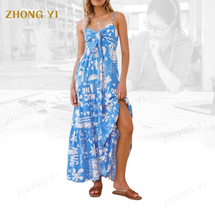 Wholesale Custom European and American Style Summer Halter Sexy Slit Dress Printed Women's Fashionable Casual Wear Long Dresses