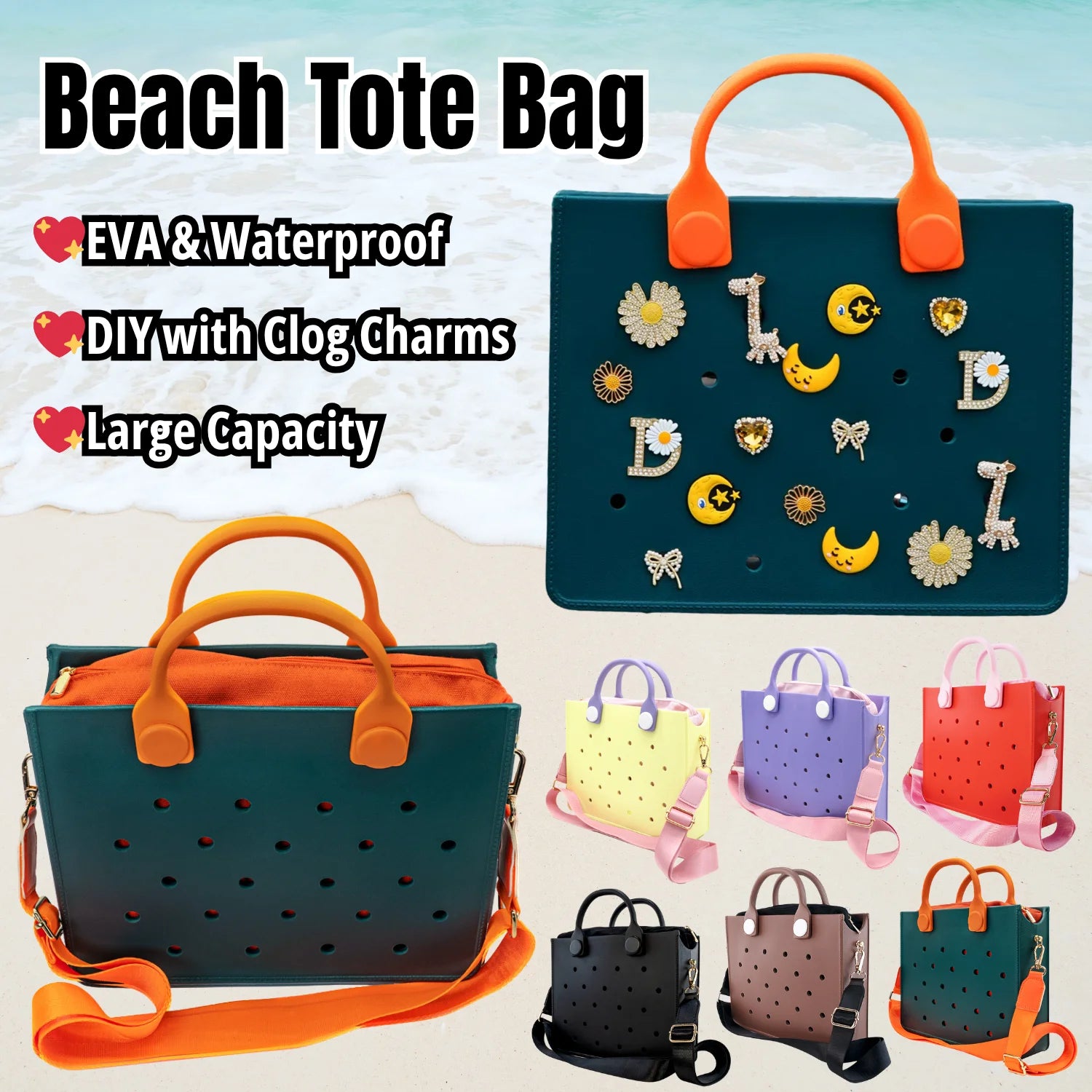 Stylish Waterproof EVA Beach Handbag with Open Closure for Coastal Vacation Seaside Pool Travel Women's DIY Clog Shoe Charm Tote