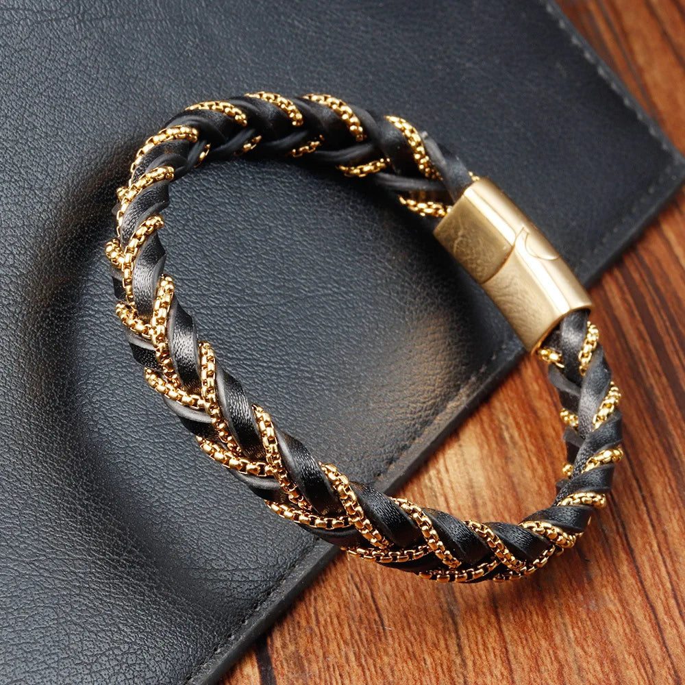 Simple Classic Stainless Steel Bracelet for Women Men Genuine Braided Leather Bangles Special Birthday Party Couple Jewelry Gift