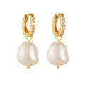 Peishang Wholesale 925 Sterling Silver 14K Gold Plated Cz Zircon Drop Baroque Pearls Pendant Hoop Earrings  for Women Jewelry