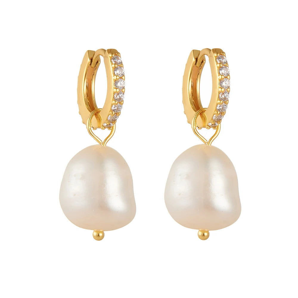 Peishang Wholesale 925 Sterling Silver 14K Gold Plated Cz Zircon Drop Baroque Pearls Pendant Hoop Earrings  for Women Jewelry