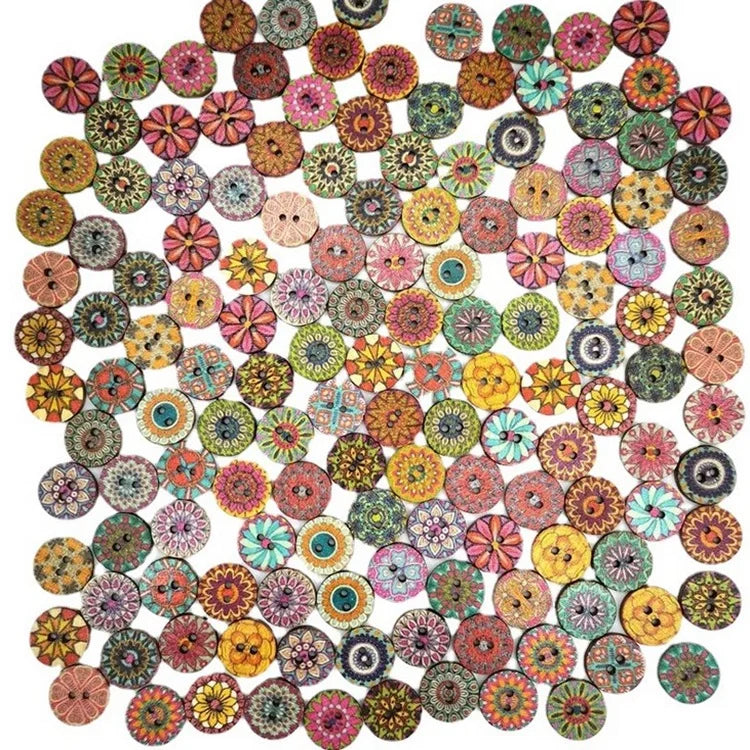 Wholesale Round Random Pattern Custom Flatbacks Retro Vintage Wood Buttons With 2 Holes for DIY Sewing Craft