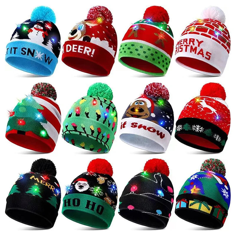 New Winter Festival Xmas Party Pompom Led Hats Led Light-up Caps Women Led Christmas Knitted Beanies Hat