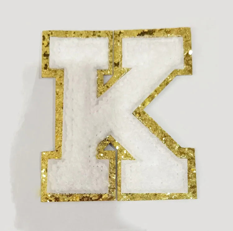 Wholesale Stock 8cm Golden Border Iron on Sequin Letters Patches with Clothing Chenille Patch