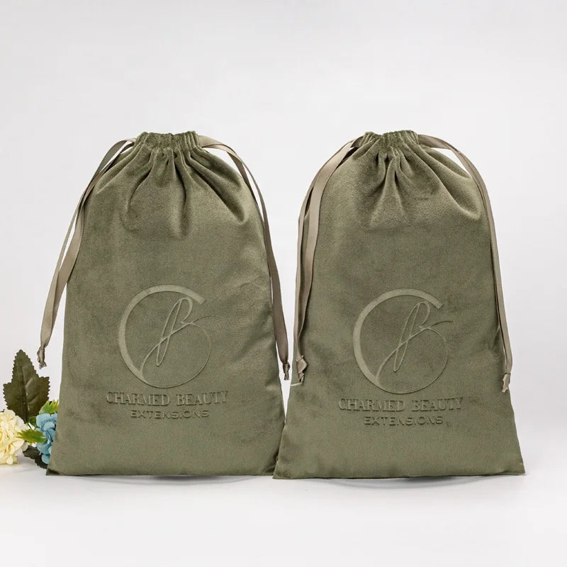 Large Velvet Drawstring Deep Green Custom Pouch Hair Packaging Bag Velvet Customized Logo Pouch Dust Bag