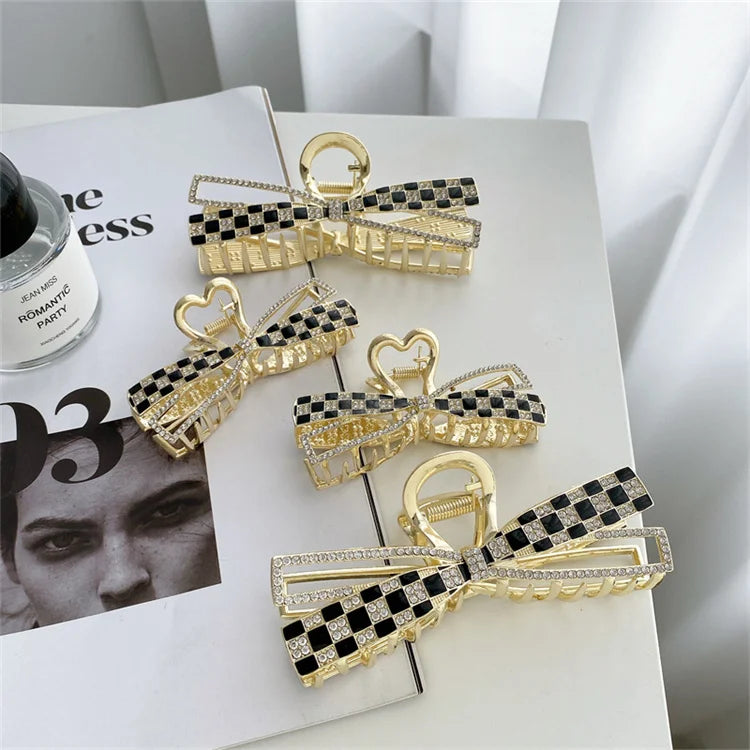 Korean Net Red Checkerboard Bow Alloy Claw Clip Back Head Shark Hair Clip Hair Ornament
