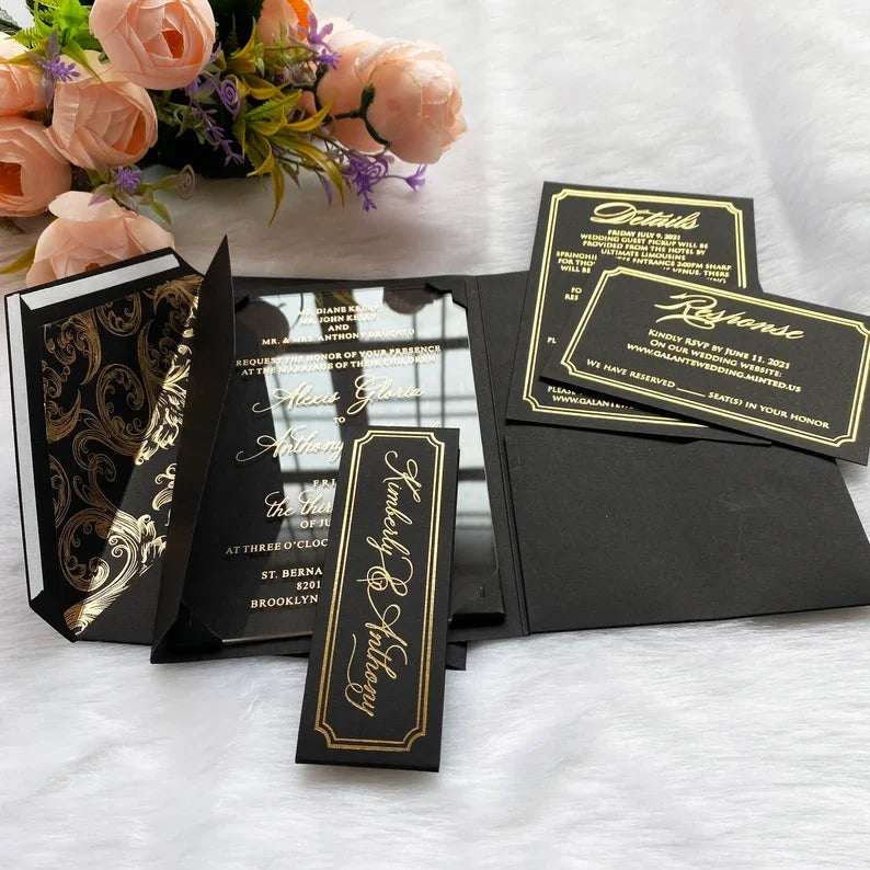Luxury Black Les Invitations Pour Le Mariage Laser Cut Wedding Invitations Pocket Envelope With Gold Foil Rsvp Card and Belt