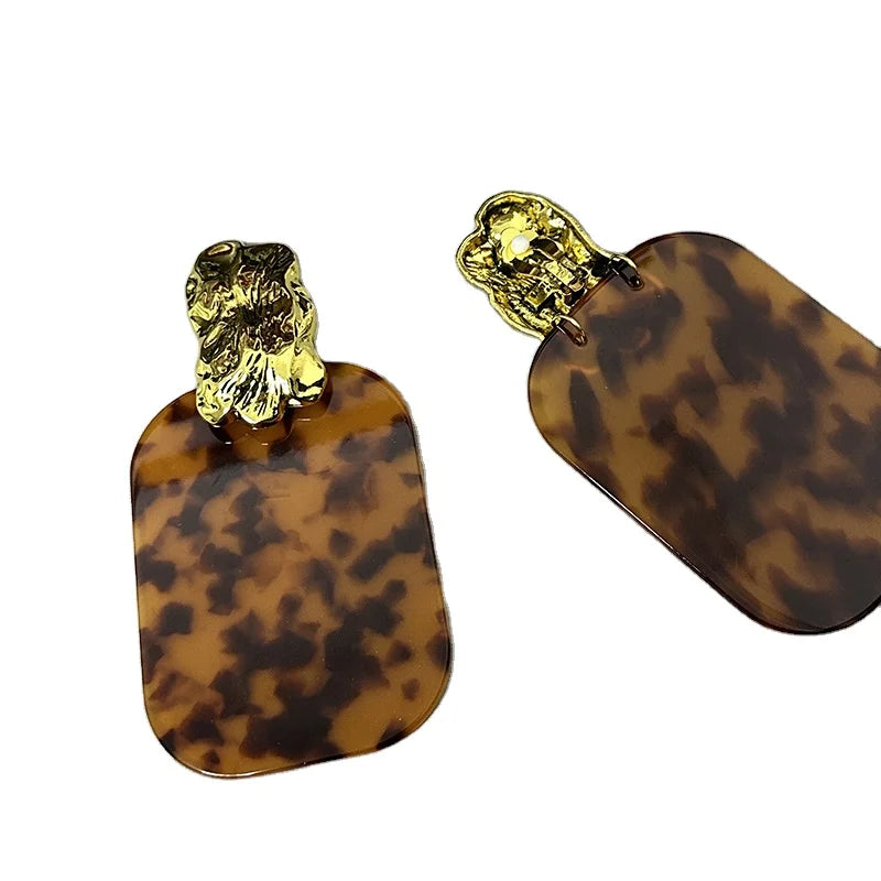 DAIHE ER6397 Exaggerated Resin Cheetah Print Tortoiseshell Color square Large Earrings Without Piercing Clip