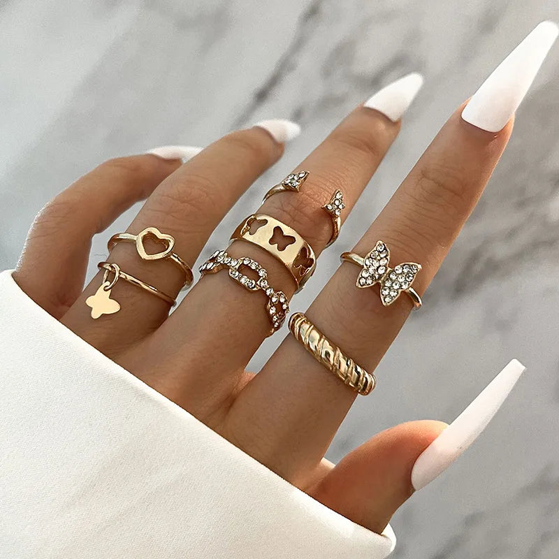 7pcs/set y2k Butterfly Open Vintage Gold Rings Irregular Cutout Heart Geometric Rings Knuckle Ring Set For Women