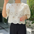 Wholesale 2026 Summer French Retro Short Sleeved Sweet Embroidered Hook Flower Hollow Leisure Loose Women's Shirts