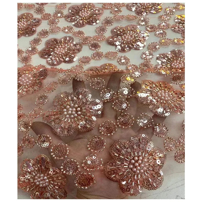 Heavy Handmade Evening Wedding Bridal Party Dress New Lace Fabric with Net Beads Sequin Embroidery