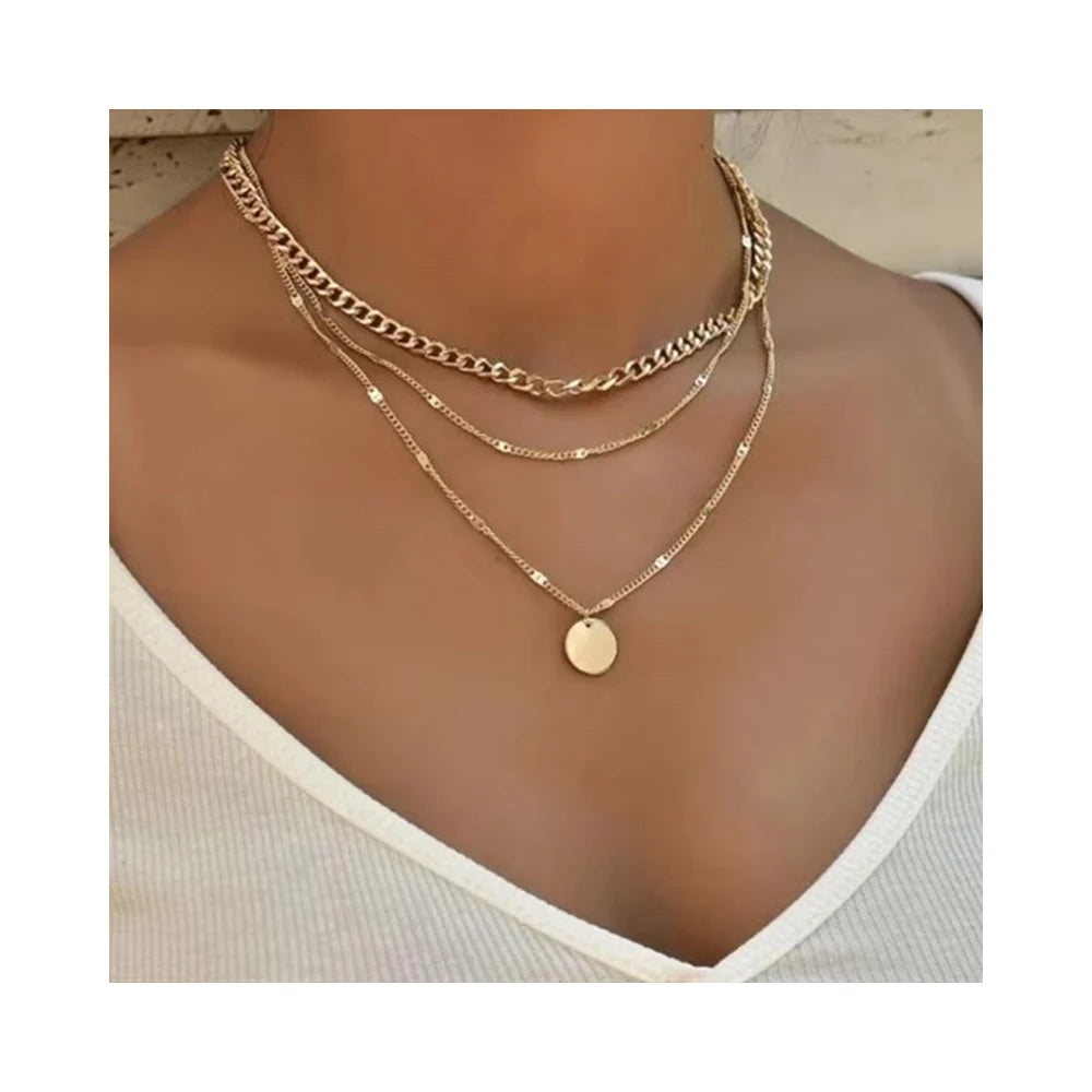 RisingMoon Hip Hop Jewelry Gold Plated Cuban Chain Layered Choker Round Coin Pendant Necklace