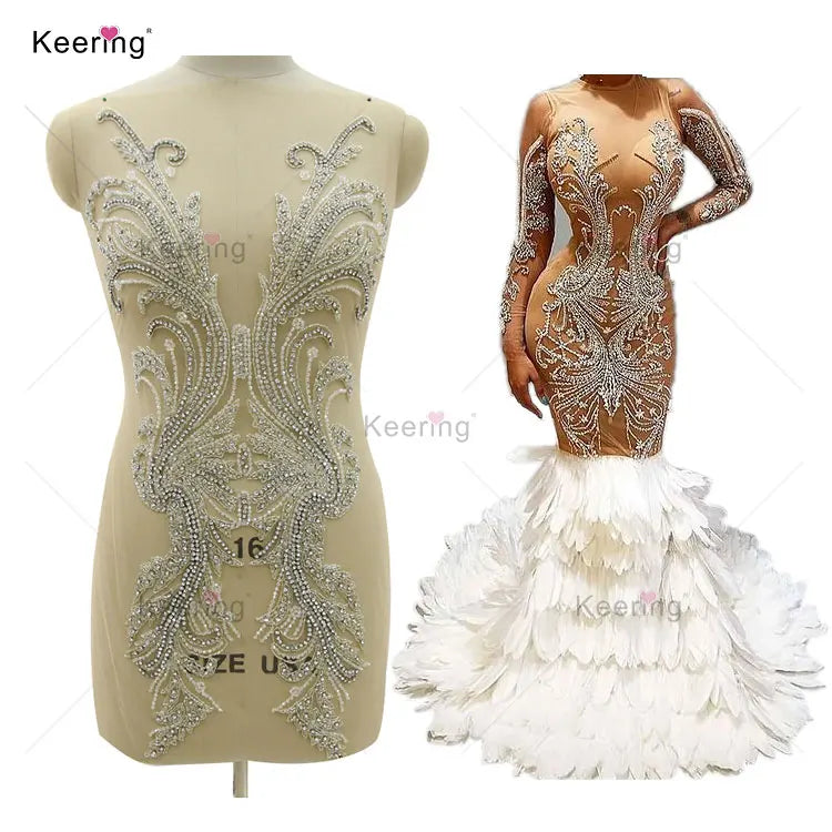New Keering Luxury Designer Crystal Beads Formal Dress Sew-on Rhinestone Bodice Applique for Prom Gown WDP-379