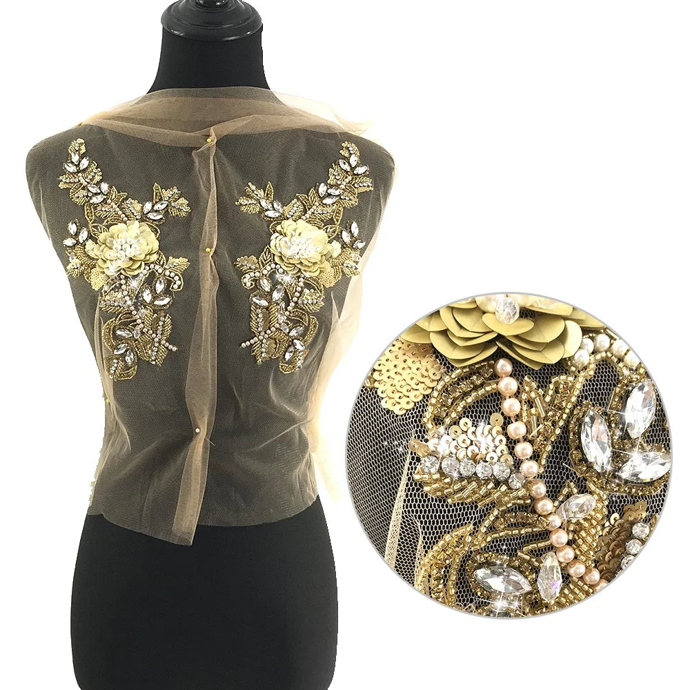 W010  High Quality Gold Bodice Rhinestone Applique Patch for Party Dress Sequin Beaded Bodice Applique