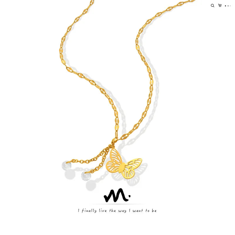 Personalized 18K Gold Plated Stainless Steel Butterfly Necklace for Women New Design Link Pattern Chain Gold Paved Metal Set