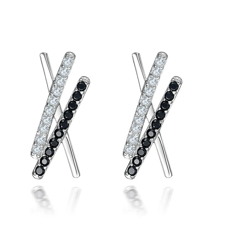 Irregular Cross Earrings Women's 925 Silver Black Cubic Zirconia Stud Earring