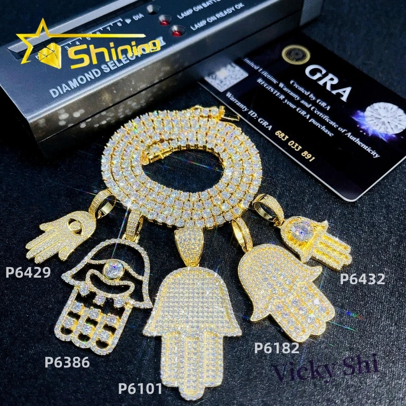 Shining Drop Shipping 925 Sterling Silver Iced Out Hip Hop Hamsa Pendant Custom Moissanite Pendant
