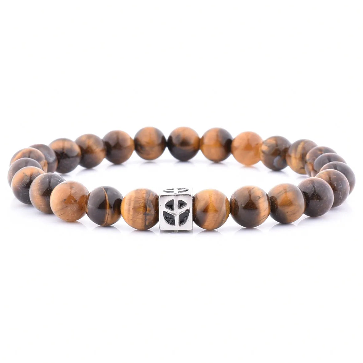 Hot Sale Men's & Women's Brown Yellow Tiger Eyes Beaded Silver Square Charm Bracelet Fashionable Jewelry