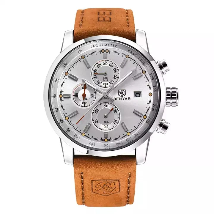Luxury Benyar 5102 Men's Watch with Box Fashion Waterproof Watch for Men with Chronograph Date Luminous Hands Male Wristwatch