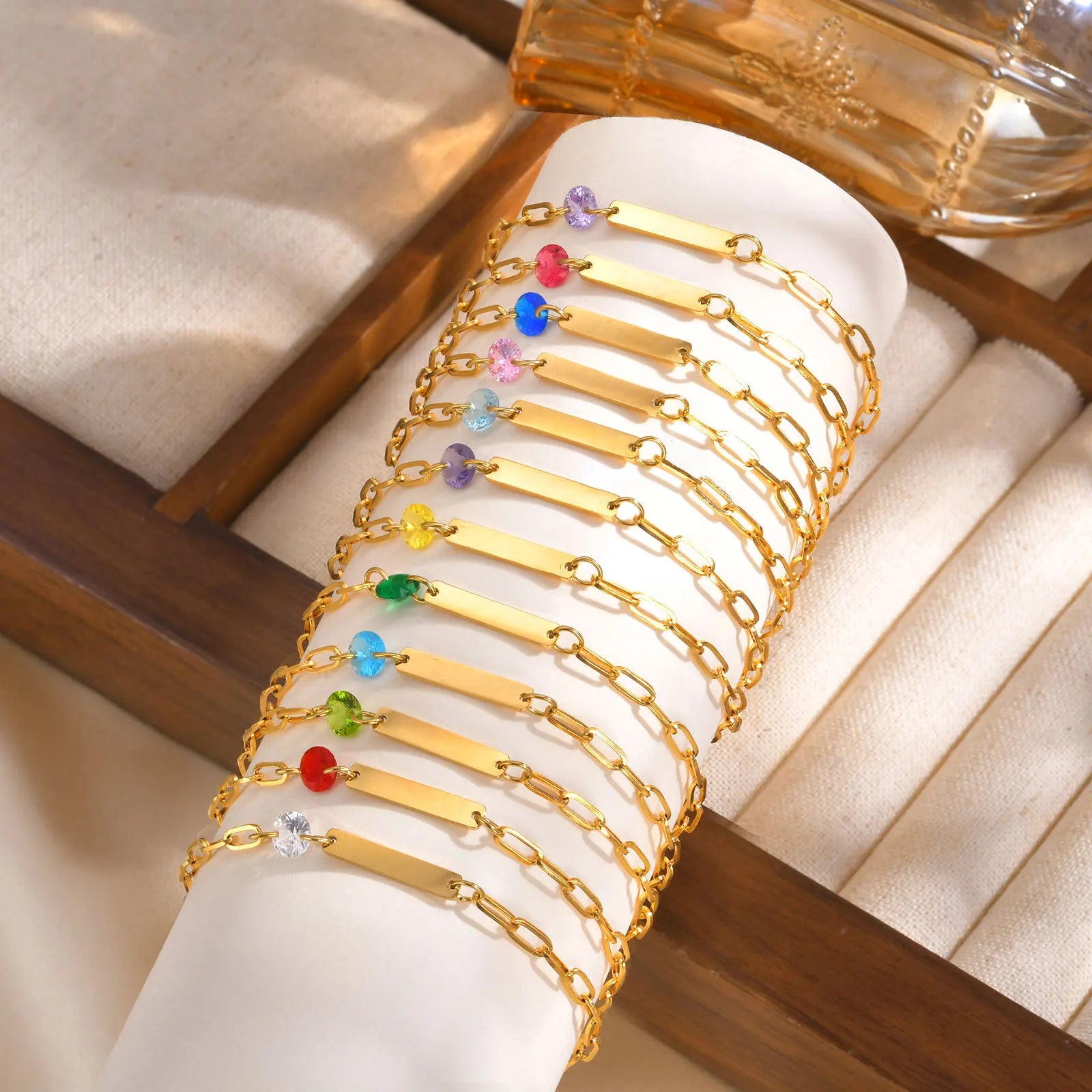 Custom Name Engrave 18K Gold Plated Stainless Steel Birthstone Zircon Blank Bar Bracelets