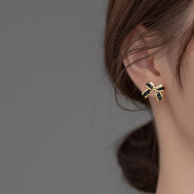 Daidan Ladies Earrings Jewelry Epoxy Black Enamel Silver Bow Stud Sterling Silver 925 Bow Earring