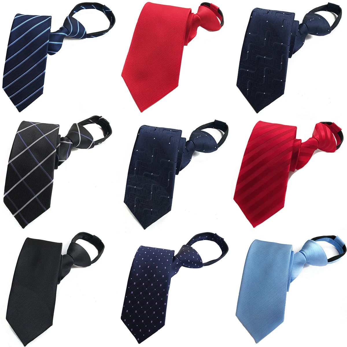 Zipper Tie Striped Solid Pre-tied Neck Tie 46x8cm for Men Red Necktie Business Wedding Neckwear