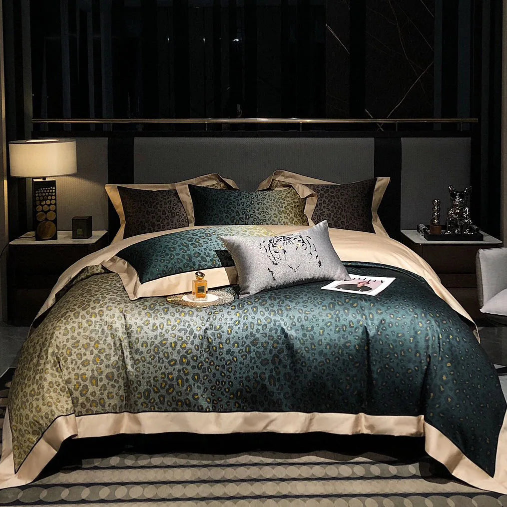 Wholesale Green Leopard Print Egyptian Cotton Duvet Cover Comforter 4-piece Bedding Sets