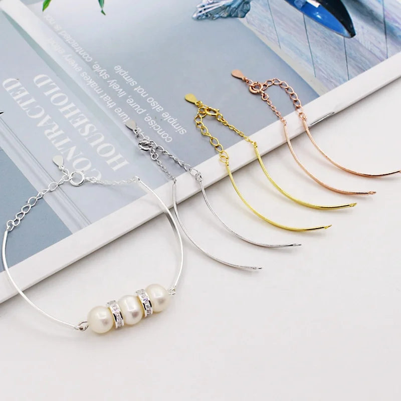 B270 925 Sterling Silver Gold Plated Wholesale Freshwater Pearl Charm Bracelet Bangle Fancy Jewelry for Women