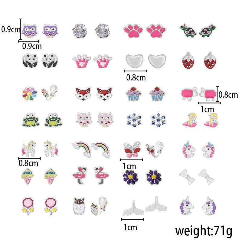 Set of 28 Animal Inspired Trendy Clip-On Earrings for Kids Rainbow Crown Flower Panda for Party Fashionable Girl's Accessory