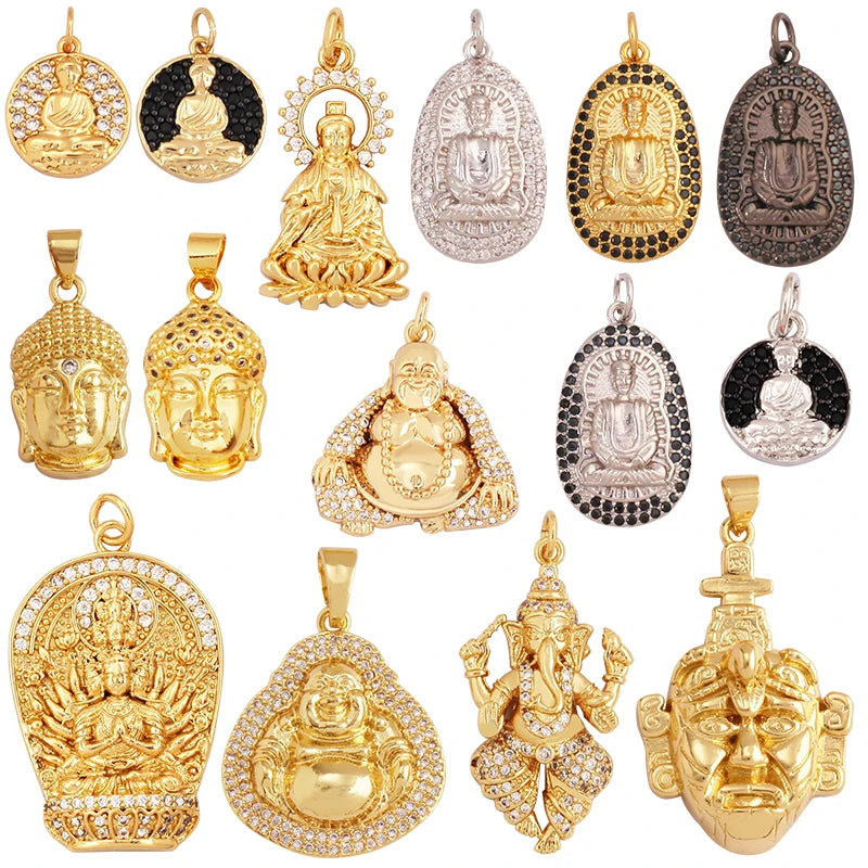Maitreya Sakyamuni Buddha Religious Charm PendantMicro Pave Clear Cubic Zirconia 18K Gold Necklace Handmade Jewelry Supply L02