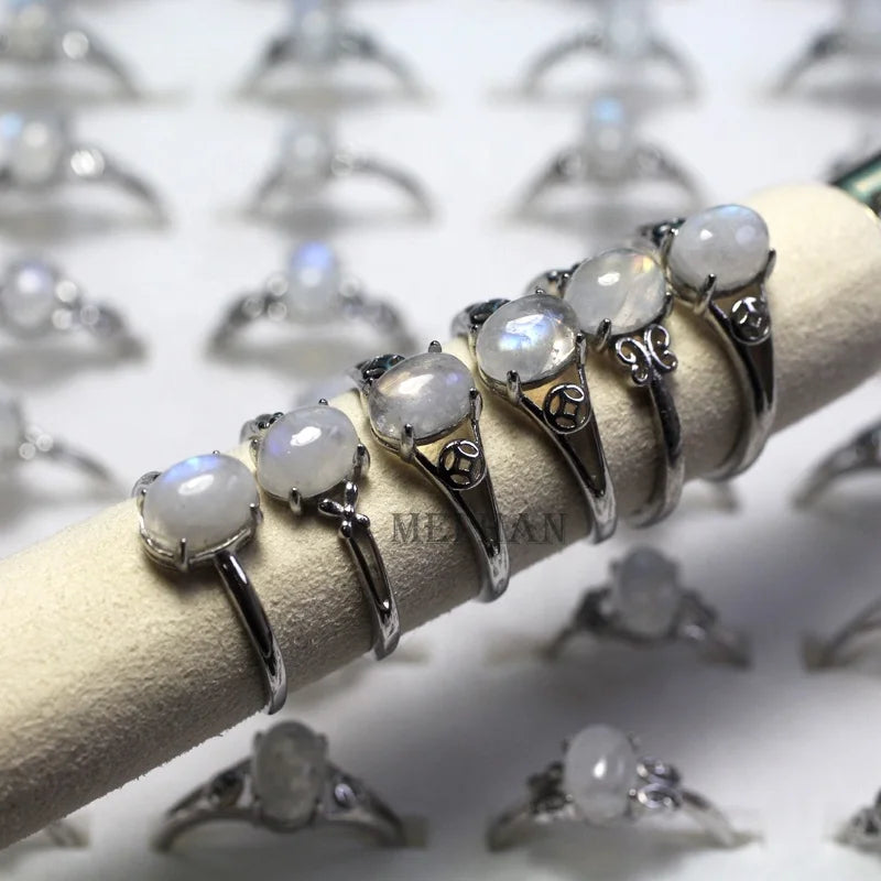MeiMeihan Wholesale A+ Natural Moonstone Gem Stone Oval Beads Adjustable Ring Women for Jewelry Making Gift