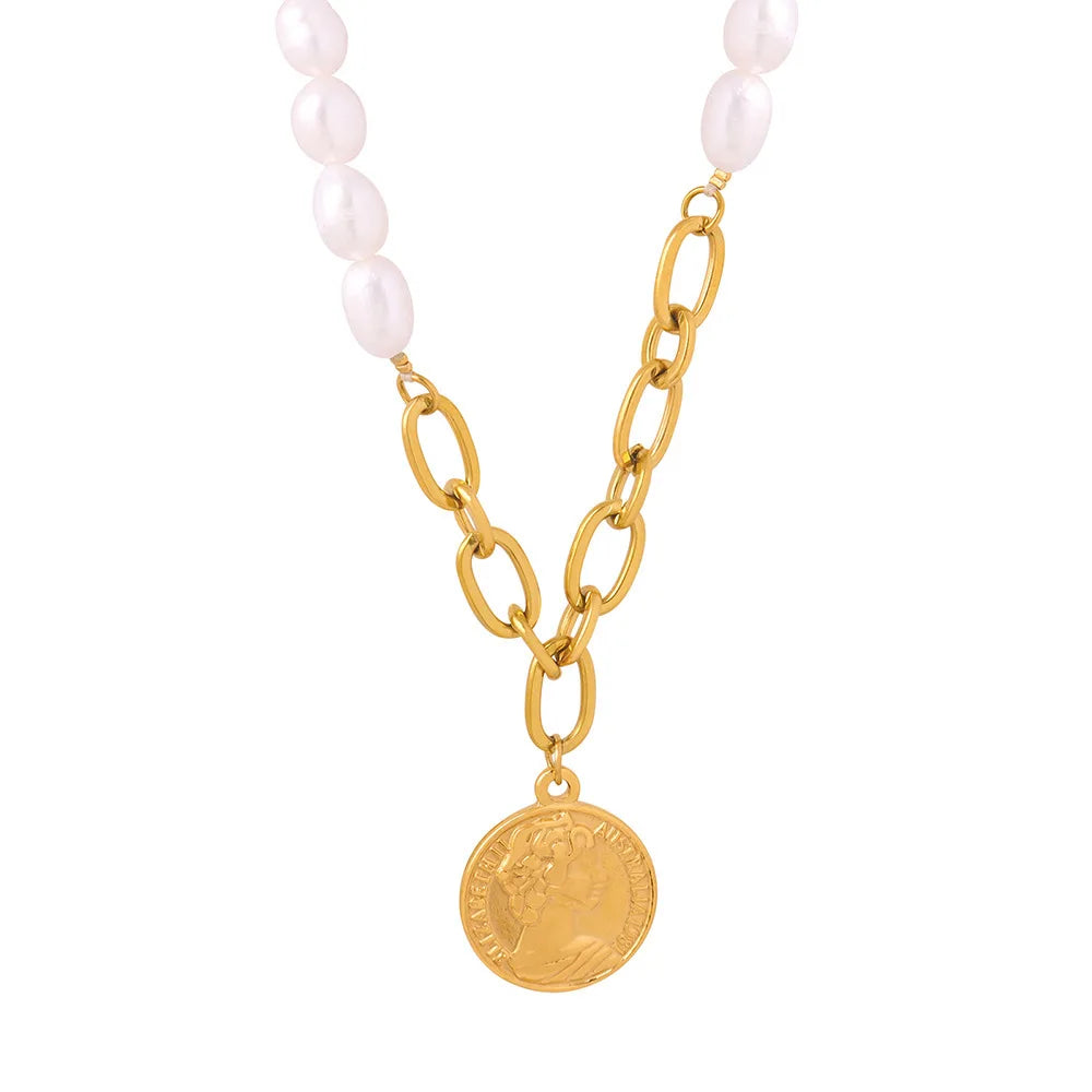 Embossed Portrait Round Plate Pendant Necklace Natural Freshwater Pearl O-Shaped Titanium Steel Handmade Clavicle Chain Jewelry
