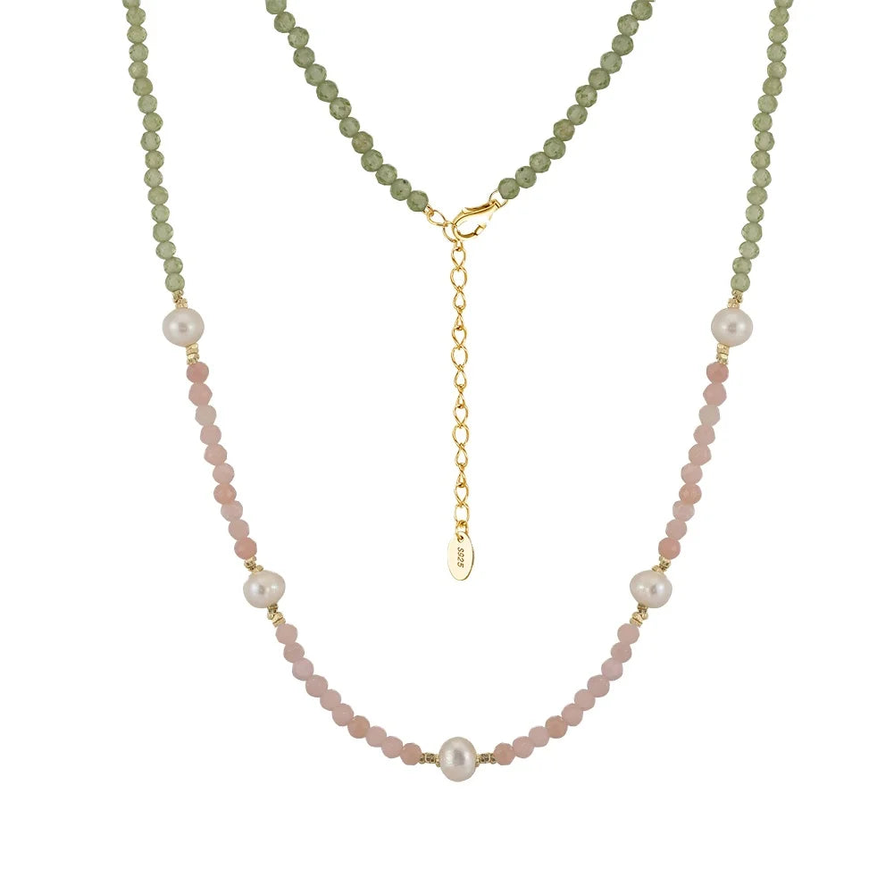 MPN10 Natural Freshwater Pearl Pink Opal Peridot Beads 925 Sterling Silver Chain Necklace 14K Gold Plated Jewelry