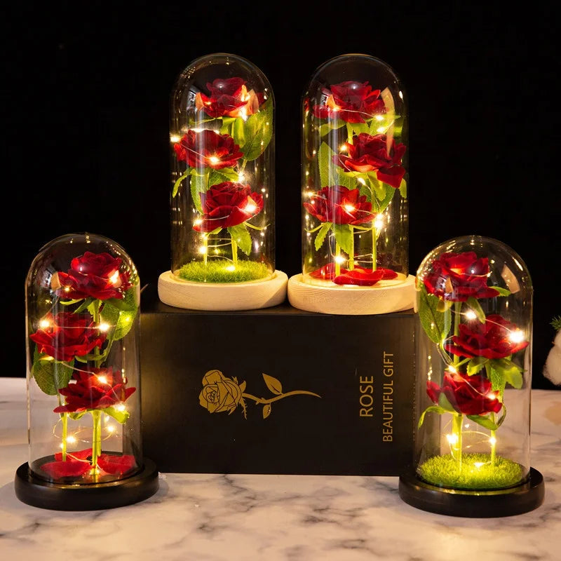 Christmas Valentine's Day Gift Three Simulated Roses Glass Cover Decoration Gift LED Lamp Decoration Gift Christmas LED Lamp
