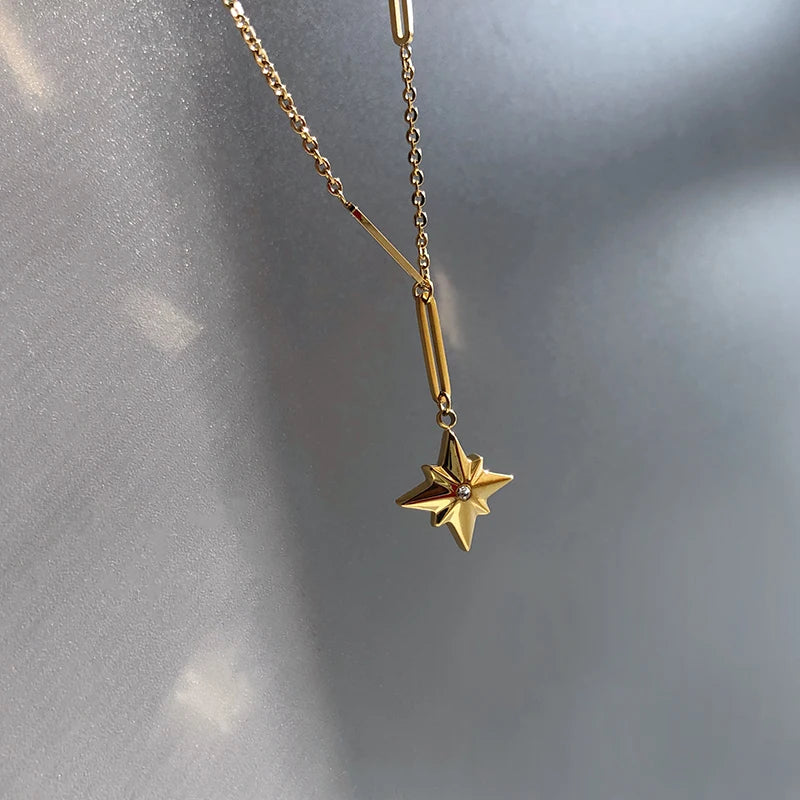Delicate Stainless Steel Rolo Paperclip Chain Women Jewelry Hypoallergenic 18K Gold Plated North Star Pendant Necklace