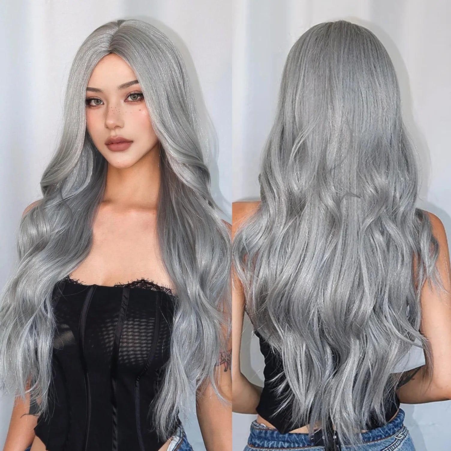 Moq1 Factory Wholesale Color Wig Deep Wave Curly Synthetic Wig Silver White No Bangs Wig Natural Smooth No Glue No Knots