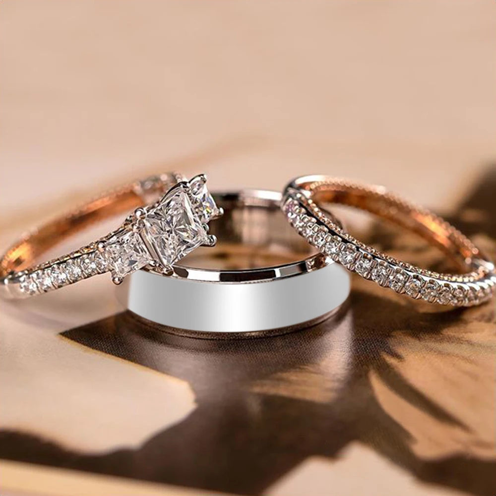 CAOSHI 2pcs/lot Engagement Cubic Zirconia Ring Ladies Jewelry Two Tone Color Wedding Rings Set for Women Men