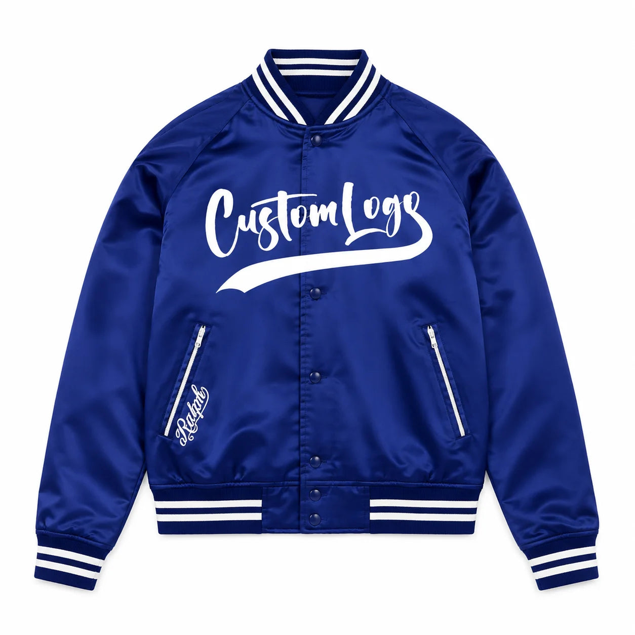 Satin Baseball Jacket Men Royal Blue Silk Satin Snap Button Rib Stripe Varsity Bomber Custom Logo Private Label