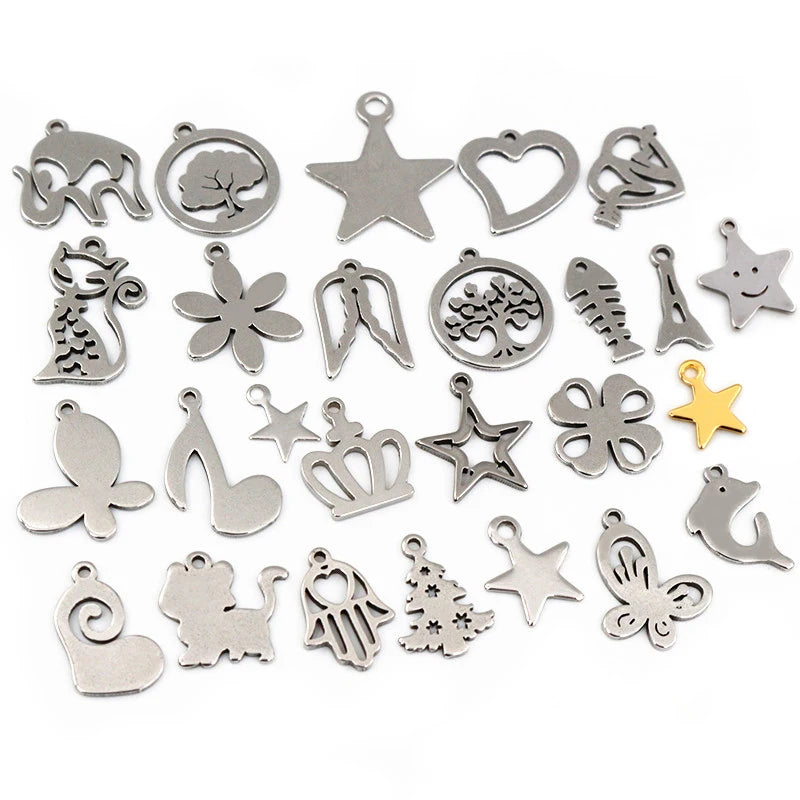 30pc/lot 316 Stainless Steel Five-pointed Star Cute Necklace Pendant Charms Small Cat Dolphin Fish Charms for DIY Jewelry Making