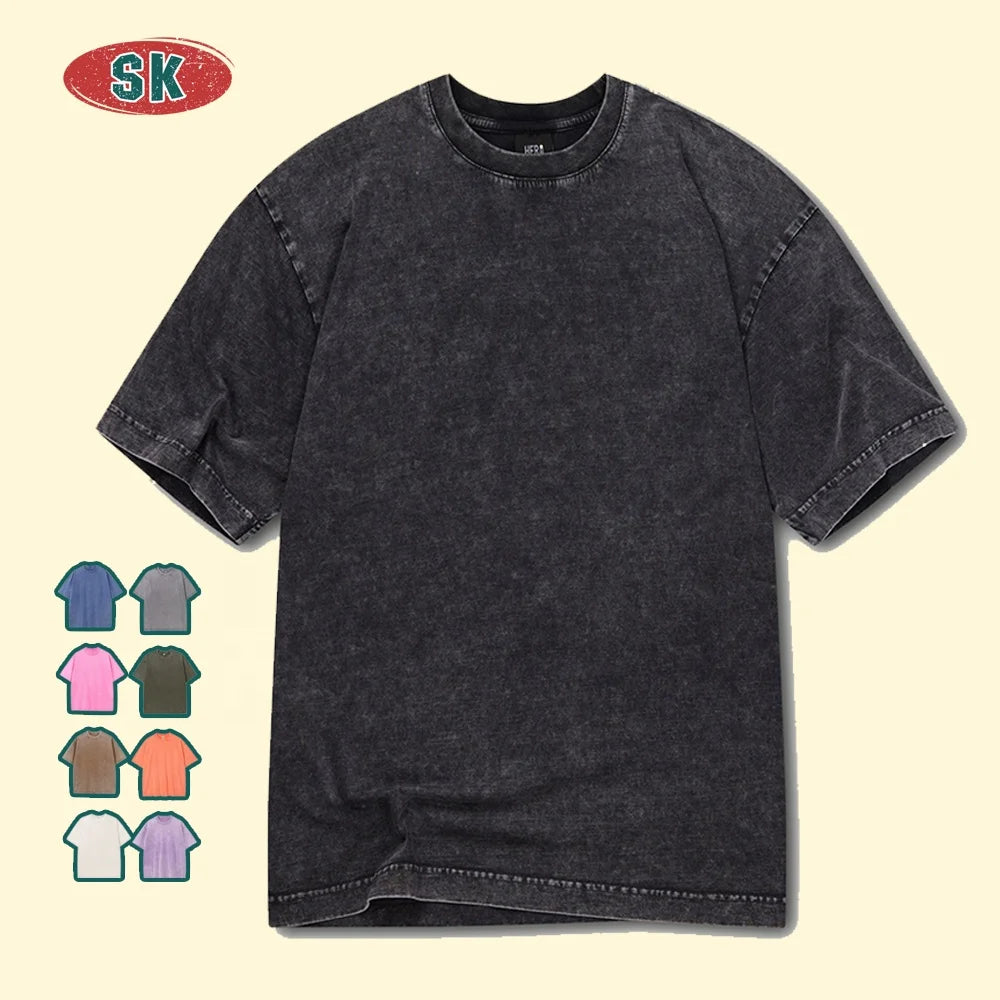 250gsm Heavy Weight Vintage Washed 100% Cotton Solid Black Oversized Breathable Men's T-shirts