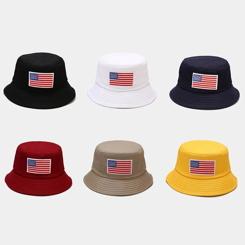 Designer Outdoor Travel Flat Top Wide Brim Custom Plain 100% Polyester Embroidered American Flag Bucket Hat for Women