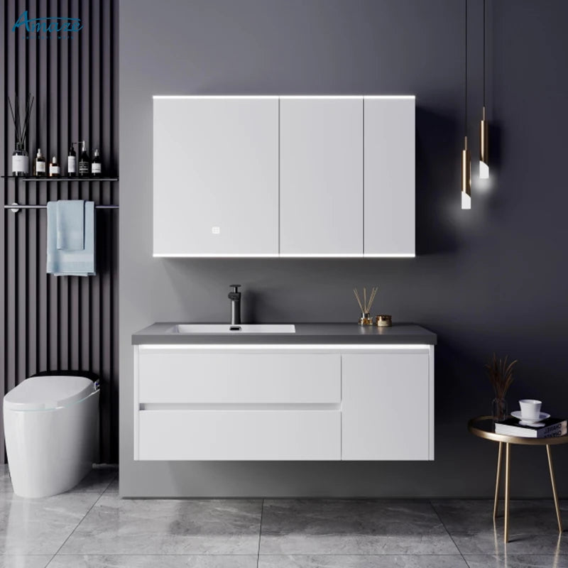Modern Solid Wood Bathroom Furniture Wall Mounted Double Deck Bathroom Cabinet Vanity with Sink